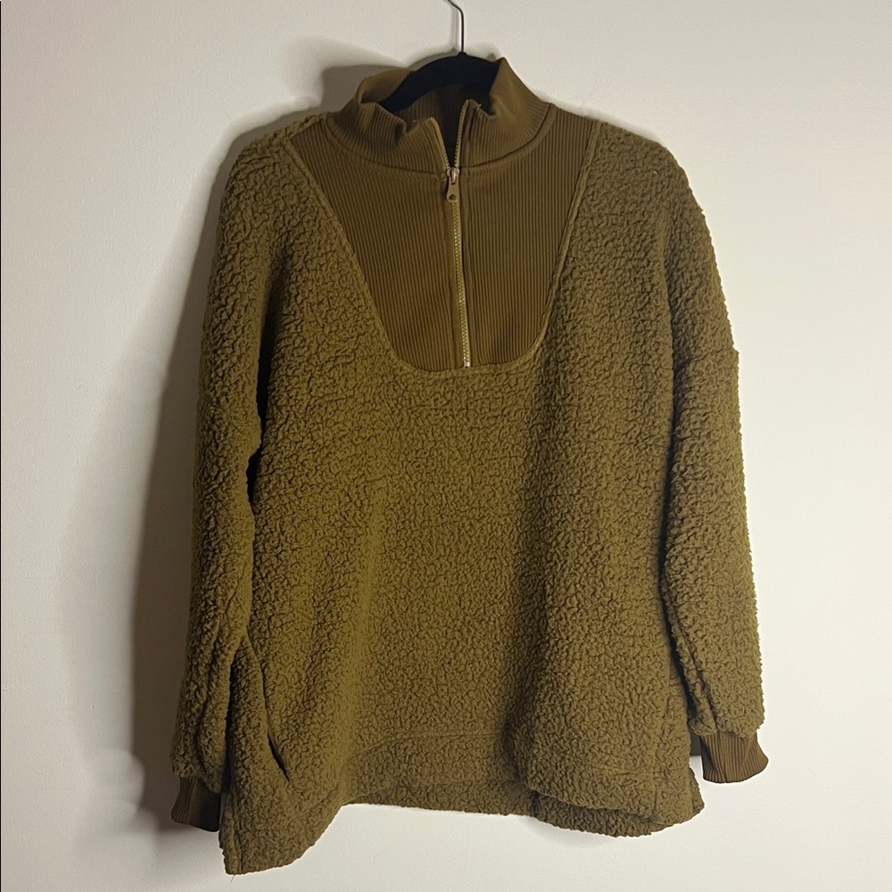 Aerie Jacket Womens Medium Camel Brown Sherpa Teddy Quarter Zip Pullover Jacket